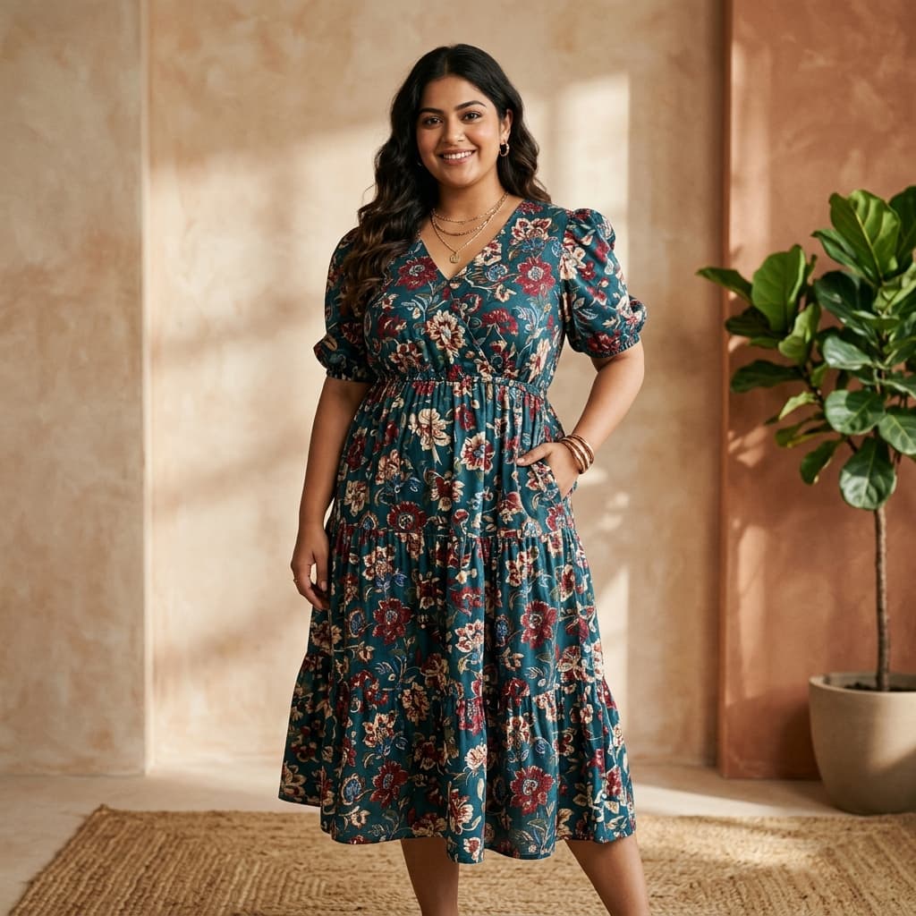 Editorial shot of a curvy woman wearing a floral wrap dress